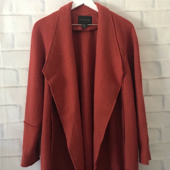 Tahari Wool Blend Open Front Raw
Seams Midi Length Coat Burnt Orange - Size L - Picture 7 of 8